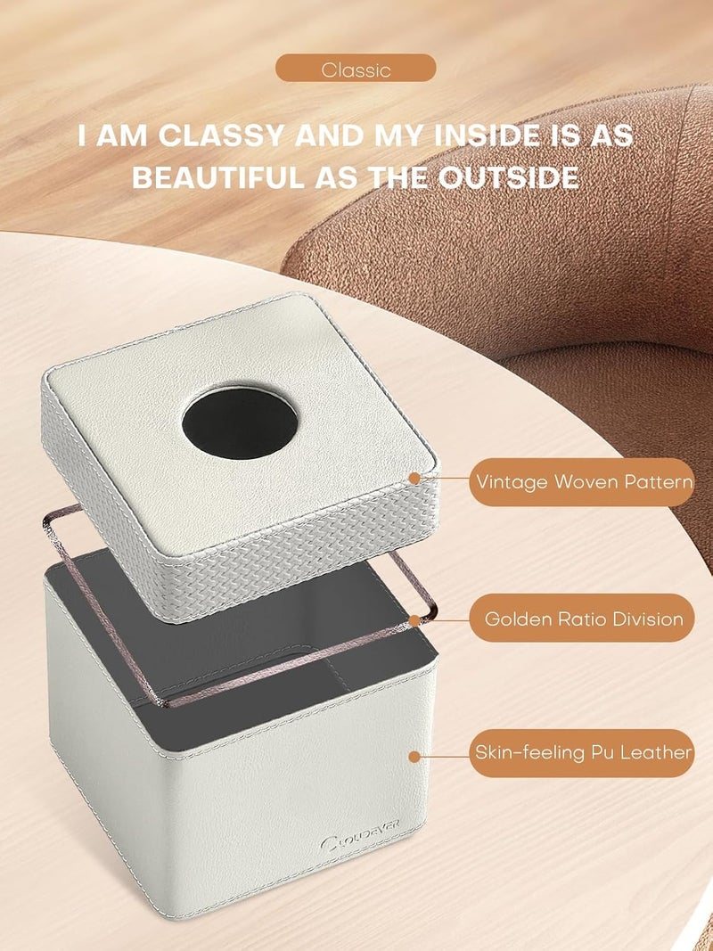 cloudever Tissue Box Holder Cover, Modern PU Leather Square Decorative Tissue Holder Organizer-Woven New Off White - Image 5